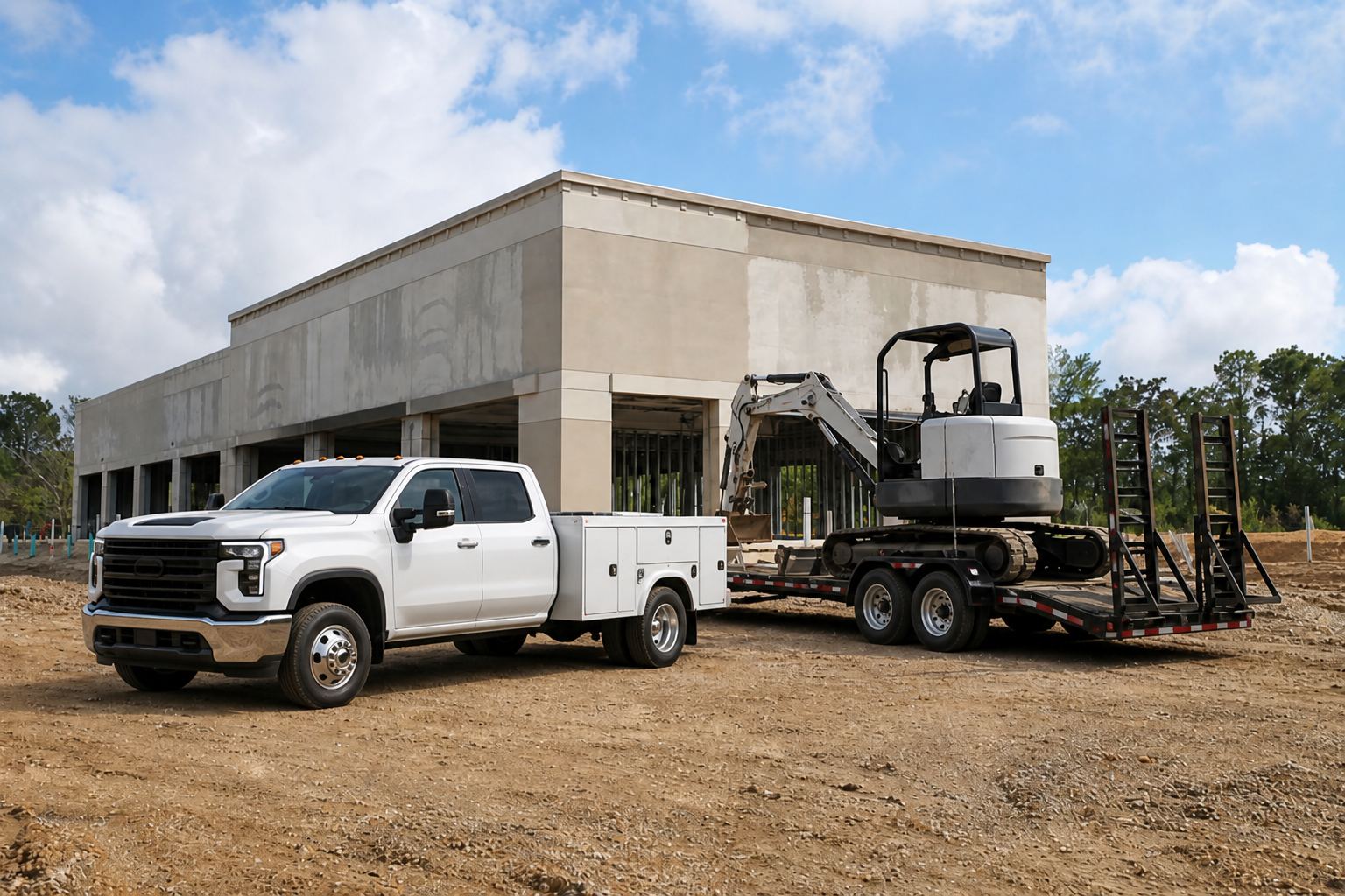 Current heavy-duty service truck towing an excavator on a jobsite