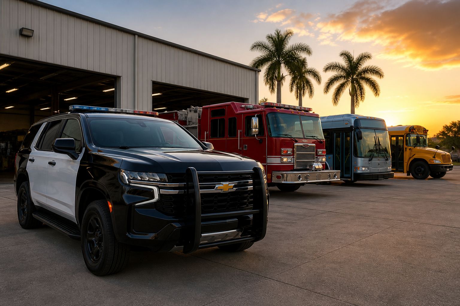 Municipal depot with a modern police SUV, fire engine, metro bus, and school bus