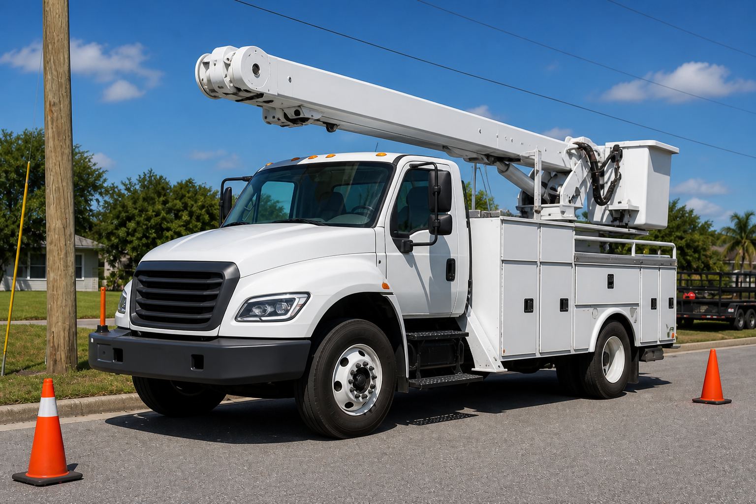 Current unmarked utility bucket truck at a suburban job site