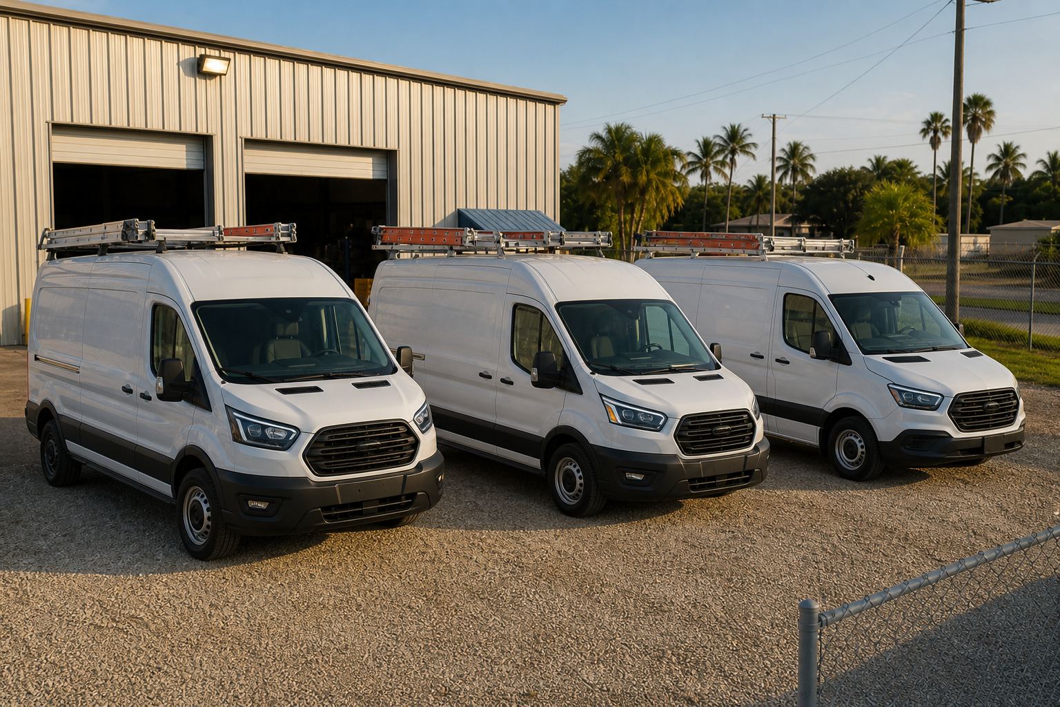 Current white cargo vans with roof racks in a field-service yard
